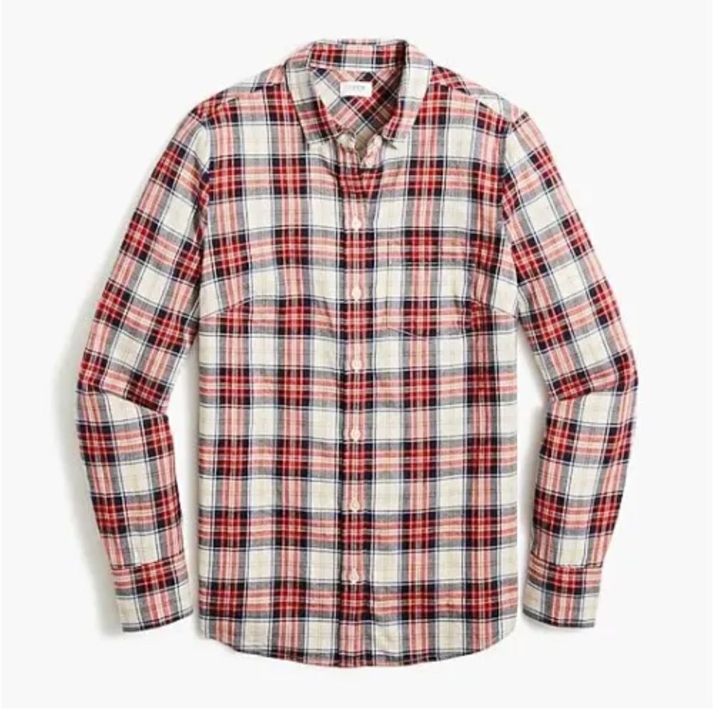 J Crew Festive White Tartan Plaid Flannel Boy Shirt Size Large Petite